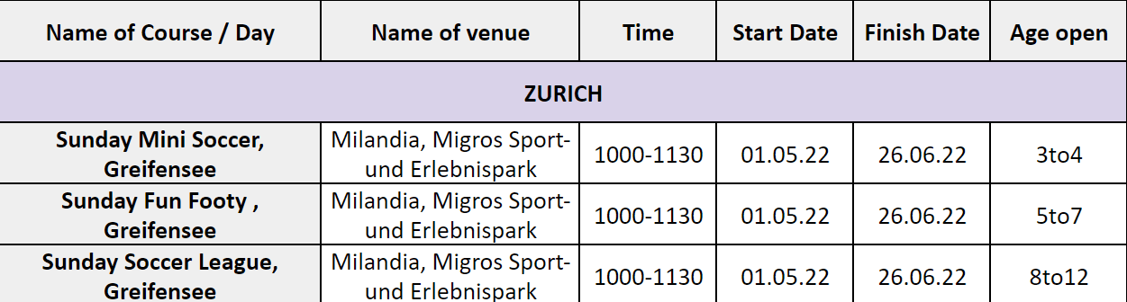Schedule Summer Football Courses Zürich