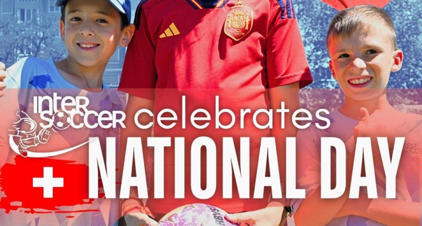 Three children promote InterSoccer’s Swiss National Day offer with 15% off using code SWISS15.