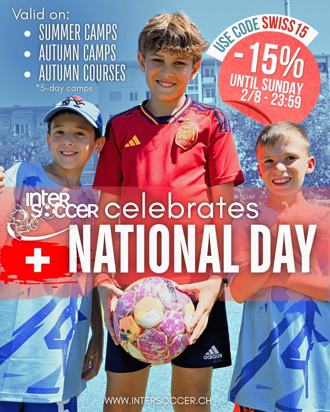 Three children promote InterSoccer’s Swiss National Day offer with 15% off using code SWISS15.